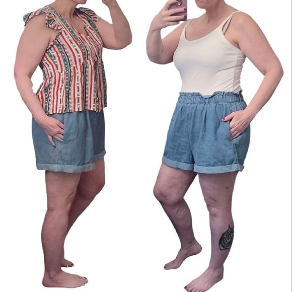 🎁 AEO High Waisted Paperbag Denim Shorts Size Large *Missing Belt - Picture 10 of 15